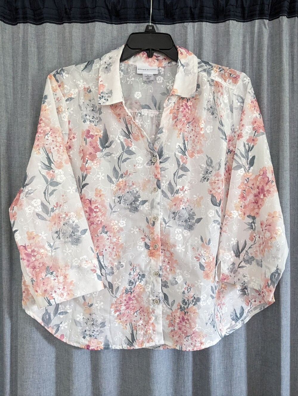 Alfred Dunner Blouse Women's XL Sheer Floral Spring Summer White Pink Grandma